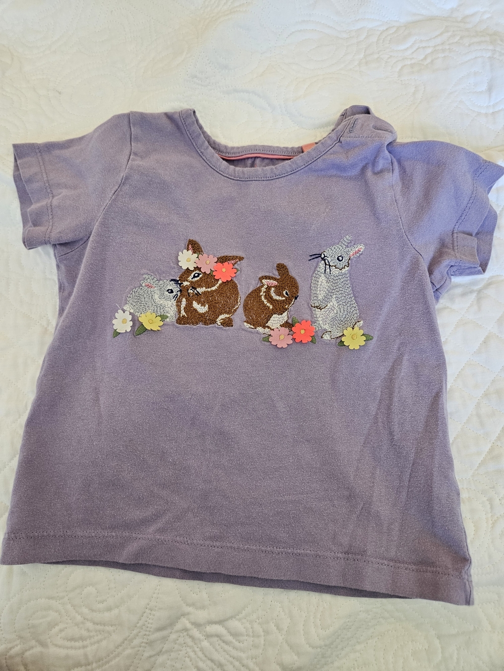 Baby Boden Lavender Purple Tee with Embroidered Bunnies and Flowers Applique